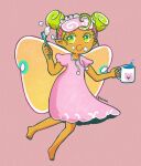  1girl alternate_costume cookie_run eminu fairy_cookie green_eyes humanization pajamas personification pointy_ears solo toothbrush wings 