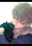  1boy animal black_cat black_hair blonde_hair blue_jacket brown_sweater cat closed_eyes closed_mouth earrings highres hug jacket jewelry letterboxed long_sleeves male_focus matsuno_chifuyu short_hair simple_background single_earring solo sweater tokyo_revengers twitter_username undercut upper_body user_xxtw7248 white_background 