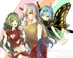  3girls antennae aqua_hair bare_legs barefoot blush butterfly_wings cloud_print collared_shirt curly_hair dress eternity_larva eyebrows_visible_through_hair fairy green_dress green_eyes green_hair hair_between_eyes hisona_(suaritesumi) horns kariyushi_shirt komano_aunn leaf leaf_on_head long_hair multicolored_clothes multicolored_dress multiple_girls open_mouth orange_dress red_dress red_eyes red_shirt sakata_nemuno shirt short_hair short_sleeves shorts single-shoulder_dress single_horn single_strap smile third-party_source touhou wavy_hair white_hair white_shorts wings yellow_dress yellow_eyes 