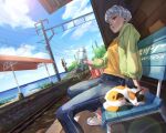  1girl apex_legends bench blush bossan_3310 bottle brown_eyes cat denim from_side green_hoodie highres holding holding_bottle hood hoodie jeans pants parted_lips railroad_tracks scenery shirt short_hair silver_hair sitting solo train_station valkyrie_(apex_legends) water_bottle whiskers yellow_shirt 