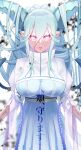  +_+ 1girl absurdres body_markings braid breasts curled_horns dress fate/grand_order fate/grand_order_arcade fate_(series) hair_between_eyes highres horns kubomi_943 large_breasts larva_tiamat long_hair long_horns long_sleeves looking_at_viewer open_mouth pink_eyes pointy_ears ribbed_dress sidelocks silver_hair solo symbol-shaped_pupils tiamat_(fate) translation_request very_long_hair white_dress 