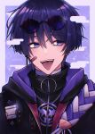  1boy absurdres alternate_costume artist_name bangs blue_eyes gantai-_(gxntai) genshin_impact glasses highres jacket looking_to_the_side open_mouth purple_background purple_hair purple_jacket scaramouche_(genshin_impact) solo teeth tongue tongue_out violet_eyes 