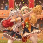  4girls 6+boys :d animal_ears annelie_(dragalia_lost) bangs bare_shoulders black_skirt blonde_hair blue_eyes bow cheerleader commentary commission confetti crop_top day dragalia_lost english_commentary eyebrows_visible_through_hair frilled_skirt frills hair_between_eyes hentaki highres holding horns long_hair midriff multiple_boys multiple_girls noelle_(dragalia_lost) notice_lines orange_bow outdoors outstretched_arm pom_pom_(cheerleading) red_bow shirt silver_hair skirt sleeveless sleeveless_shirt smile strapless thigh-highs twintails very_long_hair watermark white_legwear white_shirt 