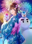  amazio_komeko azami_(saga) black_hair blue_eyes fireworks hair_ribbon highres japanese_clothes kimono obi ribbon romancing_saga_2 saga sash shaved_ice short_hair smile snow snowman tassel wide_sleeves yukata 