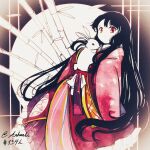  1girl bamboo bangs black_hair full_moon houraisan_kaguya japanese_clothes kimono long_sleeves looking_at_viewer moon nahnail pink_kimono rabbit red_eyes solo touhou twitter_username wide_sleeves 