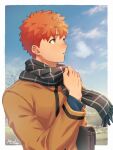  1boy absurdres artist_name bag bangs brown_jacket clouds day emiya_shirou fate/stay_night fate_(series) highres holding holding_bag jacket kado_colda male_focus orange_eyes redhead scarf school_uniform short_hair sky solo upper_body 