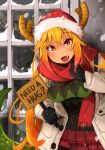  1girl alternate_breast_size alternate_costume black_gloves blonde_hair blush breasts coat colored_tips english_text eyebrows_visible_through_hair fang gloves green_sweater hat highres holding holding_sign khyle. kobayashi-san_chi_no_maidragon leaning_forward long_hair long_sleeves looking_at_viewer medium_breasts outdoors patterned_clothing pleated_skirt pointing pointing_at_self red_headwear red_scarf red_skirt reflection santa_hat scarf sidelocks sign skirt slit_pupils smile snow snowing solo sweater tail tareme tohru_(maidragon) upper_body very_long_hair window winter_clothes winter_coat 