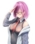  1girl absurdres bangs black_shirt blush breasts closed_mouth cozie178 eyebrows_visible_through_hair fate/grand_order fate_(series) glasses hair_between_eyes highres looking_at_viewer mash_kyrielight medium_breasts medium_hair necktie one_eye_closed open_clothes open_robe purple_hair red_necktie robe salute shirt smile solo upper_body violet_eyes white_background white_robe 