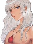  1boy artist_name bangs behelit berserk blue_eyes collarbone expressionless griffith_(berserk) highres lanyard lips long_hair looking_at_viewer male_focus nipples pectorals sidelocks simple_background solo topless_male twitter_username upper_body vickie_(cryingrobot) wavy_hair white_hair 