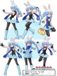 1girl :q animal_ear_fluff animal_ears bag bangs black_gloves black_legwear black_shirt blue_dress blue_footwear blue_hair blue_scarf blue_skirt boots bow braid commentary_request cosplay dawn_(pokemon)_(cosplay) dress eyebrows_visible_through_hair full_body gloves gotoh510 hair_bow highres hikari_(pokemon) holding holding_poke_ball hololive knee_boots long_sleeves multiple_views one_knee pantyhose poke_ball poke_ball_hair_ornament pokemon pokemon_(game) pokemon_dppt rabbit_ears rabbit_tail scarf shirt short_eyebrows skirt sleeveless sleeveless_shirt standing standing_on_one_leg tail thick_eyebrows tongue tongue_out translation_request twin_braids twintails usada_pekora virtual_youtuber white_bow white_hair 