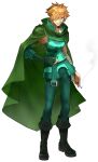  1boy armpits bandages bangs belt boots cape cigarette closed_mouth fate/extella fate/extella_link fate/extra fate_(series) full_body gloves green_cape green_eyes green_footwear green_gloves green_pants highres jewelry looking_at_viewer necklace official_art orange_hair pants robin_hood_(fate) smoke solo standing wada_arco 