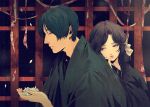  1boy 1girl bangs black_hair blood bow eyeshadow flower from_behind frown green_hair hair_bow holding japanese_clothes kimono leaning_on_person long_hair looking_down makeup midoro mole mole_under_mouth original parted_bangs petals profile sad short_hair wavy_hair 