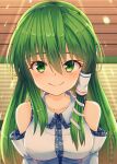  1girl bangs bare_shoulders breasts closed_mouth collarbone collared_shirt detached_sleeves eyebrows_visible_through_hair frog_hair_ornament green_eyes green_hair hair_between_eyes hair_ornament hair_tubes highres indoors kochiya_sanae large_breasts light_rays long_hair looking_at_viewer nontraditional_miko shirt smile snake_hair_ornament solo tatami touhou upper_body white_shirt wide_sleeves yosshy 