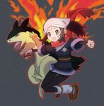  1girl :d akari_(pokemon) brown_eyes brown_footwear brown_hair clenched_hand commentary_request eyelashes fire grey_background head_scarf highres holding holding_poke_ball jacket long_hair loose_socks open_mouth outline outstretched_arms poke_ball poke_ball_(legends) pokemon pokemon_(creature) pokemon_(game) pokemon_legends:_arceus ponytail red_scarf scarf shinbashi_seiji shirt shoes smile typhlosion white_headwear 