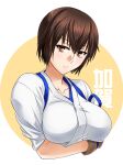  1girl akito_(sub707) alternate_hairstyle breasts brown_eyes brown_gloves brown_hair gloves highres japanese_clothes kaga_(kancolle) kantai_collection large_breasts short_hair solo tasuki upper_body 