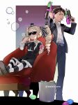  alternate_costume beatrice_(re:zero) black_dress black_hair blonde_hair bubble_blowing dress drill_hair formal hair_slicked_back highres natsuki_subaru re:zero_kara_hajimeru_isekai_seikatsu shake_sawa sitting suit sunglasses twin_drills water_gun 