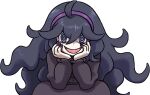  1girl @_@ ahoge artist_request bags_under_eyes black_dress black_hair dress hairband hands_on_own_face hex_maniac_(pokemon) long_hair long_sleeves looking_at_viewer messy_hair official_art open_mouth pokemon pokemon_(game) pokemon_xy purple_hairband purple_nails simple_background smile solo violet_eyes 
