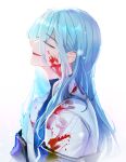  1boy bangs blood blood_on_clothes blood_on_face blue_hair blue_shirt elsword eyebrows_visible_through_hair fractalmagnolia from_side hair_between_eyes long_hair male_focus open_mouth parted_lips profile richter_(elsword) shirt simple_background solo upper_body very_long_hair white_background 