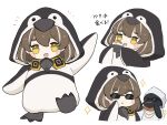  1girl :d animal animal_costume animal_hood arknights bird blush_stickers bowl brown_eyes brown_hair chibi cropped_torso food highres holding holding_bowl hood hood_up magallan_(arknights) multicolored_hair multiple_views penguin penguin_costume penguin_hood short_eyebrows simple_background smile someyaya sparkle standing standing_on_one_leg streaked_hair sunglasses thick_eyebrows translation_request upper_body white_background 