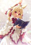  1girl aldin_nicola animal_ear_fluff animal_ears bangs beret blonde_hair book bow capelet commentary_request dress eyebrows_visible_through_hair forehead_jewel hair_bow hat highres holding holding_book indie_virtual_youtuber mamyouda open_book open_mouth rabbit_ears red_bow red_eyes short_eyebrows solo thick_eyebrows twintails virtual_youtuber white_capelet white_dress white_headwear 