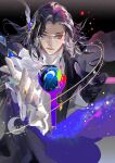  1boy absurdres angel black_hair blue_eyes chinese_commentary ciafer commentary_request ears gem gloves hand_up highres lips long_hair looking_at_viewer lord_of_the_mysteries mr._door ripple_star space watermark white_gloves 