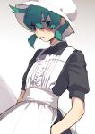  1girl apron black_dress center_frills commentary dress frills green_eyes green_hair grey_background hands_in_pockets hat katsuoboshi kemono_friends maid maid_apron parted_lips short_hair short_sleeves solo tsuchinoko_(kemono_friends) white_apron white_headwear 