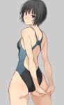  1girl amagami arm_behind_back ass black_eyes black_hair black_swimsuit bob_cut commentary_request competition_swimsuit cowboy_shot from_behind grey_background looking_at_viewer looking_back nanasaki_ai one-piece_swimsuit serizawa_(serizawaroom) short_hair solo standing swimsuit two-tone_swimsuit 