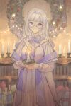  1girl bangs blush book bookshelf bow box breasts candle candlestand commentary_request fujie-yz gift gift_box glasses highres holding holding_candle indie_virtual_youtuber indoors long_hair long_sleeves looking_at_viewer purple_robe robe silver_hair smile solo virtual_youtuber wreath 