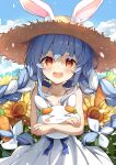  1girl :d animal_ears bangs blue_hair braid brat carrot_hair_ornament commentary_request day dress eyebrows_visible_through_hair flower food-themed_hair_ornament hair_ornament hat highres hololive long_hair looking_at_viewer multicolored_hair nousagi_(usada_pekora) outdoors rabbit_ears red_eyes sleeveless sleeveless_dress smile solo straw_hat sunflower twin_braids twintails two-tone_hair usada_pekora very_long_hair virtual_youtuber white_hair 
