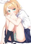  1girl aqua_eyes bangs bare_legs black_legwear blonde_hair blue_skirt blush bow bow_hairband crossed_legs eyebrows_visible_through_hair hair_bow hair_ornament hairband hairclip hand_up head_on_knees head_rest highres hugging_own_legs kagamine_rin knees_together_feet_apart knees_up looking_at_viewer mitora_nao panties parted_bangs pleated_skirt pouty_lips sailor_collar school_uniform shiny shiny_skin shoes short_hair short_sleeves simple_background sitting skirt socks solo striped striped_panties underwear uwabaki vocaloid white_serafuku 