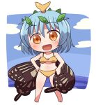  1girl antennae aqua_hair bare_arms bare_legs bare_shoulders barefoot bikini blush border butterfly_wings collarbone eternity_larva eyebrows_visible_through_hair fairy full_body hair_between_eyes leaf leaf_on_head open_mouth orange_bikini orange_eyes rokugou_daisuke short_hair signature smile solo swimsuit touhou white_border wings 