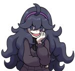  1girl @_@ ahoge artist_request bags_under_eyes black_dress black_hair dress hairband hand_on_own_face hex_maniac_(pokemon) long_hair long_sleeves looking_at_viewer messy_hair official_art open_mouth pokemon pokemon_(game) pokemon_xy purple_hairband purple_nails simple_background smile solo violet_eyes 