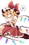  1girl ascot blonde_hair blush bow crystal dress flandre_scarlet hat hat_bow heart highres looking_at_viewer medium_hair mob_cap one_side_up open_mouth pointy_ears red_bow red_dress red_eyes simple_background solo spoken_heart touhou tsumuri_(muric0) white_background wings wrist_cuffs yellow_ascot 