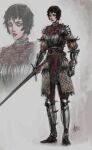  1girl absurdres armor azure_meraki black_hair breastplate brown_pants carmina_(azure_meraki) chainmail closed_mouth dated gambeson gauntlets grey_eyes highres holding holding_sword holding_weapon looking_at_viewer metal_boots original pants plate_armor short_hair signature solo standing sword weapon zoom_layer 