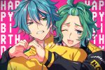  2boys annoyed arms_around_back bangs_pinned_back blue_hair brothers ear_piercing english_text from_argonavis green_eyes green_hair happy_birthday heart heart_hands jacket male_focus multicolored_hair multiple_boys nijou_haruka nijou_kanata one_eye_closed piercing pink_hair saigi scowl siblings streaked_hair twins upper_body yellow_jacket 