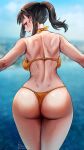  1girl ass backboob bangs bare_shoulders bikini blurry blurry_background breasts commentary cowboy_shot day dimples_of_venus en&#039;en_no_shouboutai foxyreine from_behind highres legs_together looking_at_viewer looking_back maki_oze nape open_mouth orange_bikini outdoors patreon_logo patreon_username ponytail profile shiny shiny_hair shoulder_blades smile solo swimsuit thighs toned violet_eyes water web_address wet wide_hips 