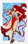  1girl alternate_costume arm_strap armor bracelet choker cosplay dancer dancer_(three_houses) dress fire_emblem fire_emblem:_three_houses gladiator_sandals hair_over_eyes highres holding holding_sword holding_weapon jewelry johncaden kirijou_mitsuru mashup one_eye_covered pelvic_curtain persona persona_3 persona_4:_the_ultimate_in_mayonaka_arena red_eyes redhead sandals shoulder_armor single_bare_shoulder solo sword thighs twitter_username weapon 