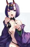  1girl absurdres bangs bare_shoulders bob_cut breasts collarbone eyeliner fate/grand_order fate_(series) headpiece herigaru_(fvgyvr000) highres horns japanese_clothes kimono long_sleeves looking_at_viewer makeup oni oni_horns open_mouth purple_hair purple_kimono revealing_clothes revision short_hair shuten_douji_(fate) skin-covered_horns small_breasts solo violet_eyes wide_sleeves 