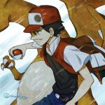  1boy bangs baseball_cap belt_buckle black_hair black_shirt blue_pants buckle charizard closed_mouth commentary_request from_side hat holding holding_poke_ball jacket kanimaru male_focus open_clothes open_jacket pants poke_ball poke_ball_(basic) pokemon pokemon_(creature) pokemon_(game) pokemon_gsc red_(pokemon) red_headwear red_jacket shirt short_hair short_sleeves snowing split_mouth 