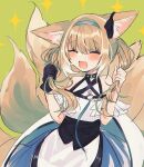  alternate_hairstyle animal_ears arknights bangs bare_shoulders blonde_hair blush closed_eyes eyebrows_visible_through_hair fox_ears fox_girl fox_tail gloves hairband highres multiple_tails open_mouth single_glove smile suzuran_(arknights) tail tomatoritori twintails 