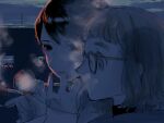  2girls blue_theme bubble_blowing cigarette closed_mouth commentary from_side glasses katsuoboshi limited_palette long_sleeves multiple_girls original outdoors portrait profile short_hair sleeves_past_wrists smoke smoking 