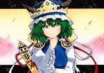  1girl asymmetrical_hair blouse blue_vest breasts frilled_hat frills green_eyes green_hair hat long_sleeves qqqrinkappp rod_of_remorse shiki_eiki short_hair small_breasts solo touhou traditional_media vest white_blouse wide_sleeves 