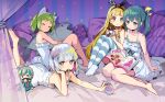  4girls absurdres ahoge alyce_(dohna_dohna) animal_ears antenna_(dohna_dohna) bangs bed blonde_hair blunt_bangs bob_cut braid chinese_commentary dohna_dohna_issho_ni_warui_koto_o_shiyou dress eating fish fish_pillow food_in_mouth green_eyes green_hair hair_ornament hair_tie hairband hairclip hand_on_own_cheek hand_on_own_face heart heart_hair_ornament heterochromia highres holding holding_magazine holding_stuffed_toy kuma_(dohna_dohna) long_hair looking_at_viewer lying magazine_(object) medico_(dohna_dohna) multiple_girls nightgown on_stomach outstretched_arm pajamas pillow ponytail porno_(dohna_dohna) reading short_hair silver_hair sitting striped striped_legwear stuffed_toy thigh-highs tiramisu_(6822816123) white_dress yammy_(dohna_dohna) yokozuwari 