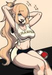  1girl alternate_costume arms_up blonde_hair cynthia_(pokemon) eyebrows_visible_through_hair hair_over_one_eye hair_tie hair_tie_in_mouth highres long_hair looking_at_viewer masgamjya mouth_hold navel poke_ball poke_ball_(basic) pokemon pokemon_(game) pokemon_dppt shirt shorts solo sportswear tied_shirt tying_hair very_long_hair 