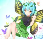  1girl animal antennae aqua_hair bare_legs bug butterfly butterfly_wings closed_mouth dress eternity_larva eyebrows_visible_through_hair fairy feet_out_of_frame green_dress hair_between_eyes highres kuraaken leaf leaf_on_head multicolored_clothes multicolored_dress short_hair short_sleeves single_strap smile solo touhou wings yellow_eyes 