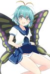  1girl alternate_costume antennae aqua_hair bare_legs blue_eyes blue_neckerchief blue_sailor_collar blue_skirt butterfly_wings clothes_lift eternity_larva eyebrows_visible_through_hair fairy feet_out_of_frame hair_between_eyes highres lifted_by_self neckerchief open_mouth ougi_hina panties pleated_skirt puffy_short_sleeves puffy_sleeves sailor_collar school_uniform serafuku short_hair short_sleeves simple_background skirt skirt_lift smile solo touhou underwear white_background white_panties wings yellow_eyes 