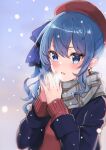  1girl :d absurdres bangs beret blue_bow blue_eyes blue_hair blue_jacket blush bow breathing_on_hands commentary_request earrings eyebrows_visible_through_hair grey_scarf hair_between_eyes hair_bow hands_up hat highres hololive hoshimachi_suisei jacket jewelry long_sleeves one_side_up open_clothes open_jacket plaid plaid_scarf red_headwear red_sweater scarf sleeves_past_wrists smile snowing solo star_(symbol) star_in_eye steepled_fingers striped striped_bow sweater symbol_in_eye teeth tilu upper_body upper_teeth virtual_youtuber 
