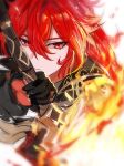  1boy bangs black_jacket closed_mouth diluc_(genshin_impact) fire fractalmagnolia genshin_impact gloves greatsword hair_between_eyes holding holding_sword holding_weapon jacket long_hair male_focus ponytail portrait red_eyes redhead simple_background solo sword weapon white_background 