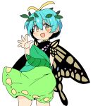  1girl antennae aqua_hair blush butterfly_wings dress eternity_larva eyebrows_visible_through_hair fairy feet_out_of_frame green_dress hair_between_eyes ini_(inunabe00) leaf leaf_on_head multicolored_clothes multicolored_dress open_mouth short_hair short_sleeves simple_background single_strap smile solo touhou white_background wings yellow_eyes 