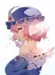  1girl blue_headwear blue_kimono blurry breasts cherry_blossoms depth_of_field hair_between_eyes hat highres hua_ben_wuming japanese_clothes kimono large_breasts looking_back mob_cap open_mouth petals pink_eyes pink_hair saigyouji_yuyuko short_hair simple_background solo touhou triangular_headpiece upper_body white_background 